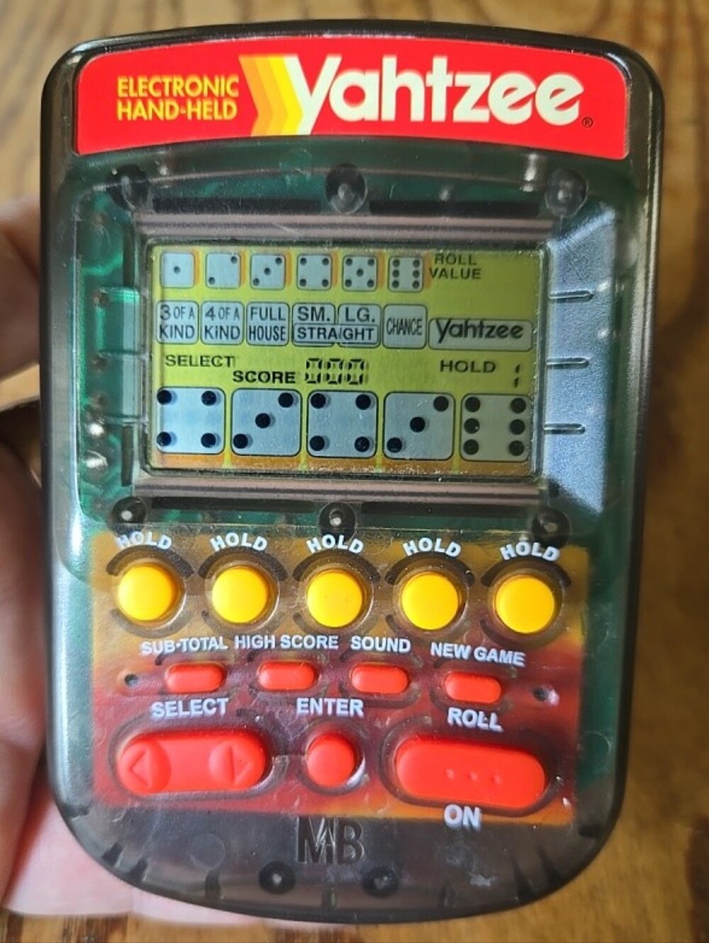 1995 Electronic Handheld Yahtzee Game Clear Smoke MB Milton Bradley Tested